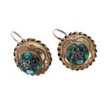 Pair of Victorian 15ct turquoise and diamond earrings, with wirework mounts and hoop latch back,