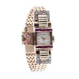 Wittnauer ruby and diamond 9ct yellow gold lady's cocktail watch, the case with a hinged cover and