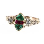 Antique yellow gold emerald, ruby and diamond ring with engraved shoulders set with two diamonds,