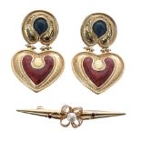 Pair of 18ct and enamel earrings and a pearl set brooch, 20gm, the brooch 68mm (3) (6787-1-)