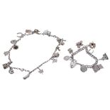 Silver curb link charm bracelet with padlock clasp and attached charms, 43.2gm; with silver necklace