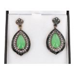 Pair of attractive drop earrings in the antique style, set with with pear drop cabouchon jade