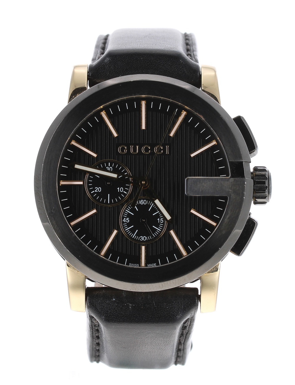 Gucci G-Chrono gentleman's wristwatch, ref. 101.2, black leather strap with folding clasp, quartz,