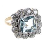 Large and impressive 18ct yellow gold and platinum aquamarine and diamond cluster ring, the