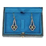Pair of Victorian style drop earrings, set with peridot, seed pearls and diamonds, wire hook