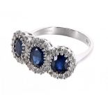18ct white gold triple oval cluster sapphire and diamond ring, estimated sapphires 1.88ct,