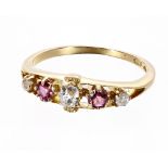 Attractive 18ct ruby and diamond five stone ring, with three old-cut diamonds, 2.7gm, width 6mm,