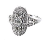 Ornate Art Deco style platinum diamond dress cluster ring, with three principle round brilliant-