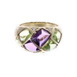 18ct diamond, amethyst and peridot set band ring, 9gm, width 12mm, ring size M/N (403304-2-A)