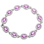 Fine modern 18ct white gold pink sapphire and diamond oval line bracelet, with eleven oval links,