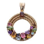 18ct multi gem set circular coiled openwork pendant, to include amethyst, peridot, morganite, blue