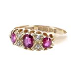 Edwardian 18ct yellow gold claw set ruby and diamond ring, Birmingham 1903, 3.7gm, band width 7mm,
