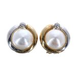 Pair of 9ct bicolour Mabé cultured pearl and diamond set earrings, Omega backs, 11.3gm, 19mm