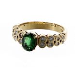 18ct green tourmaline stone and diamond ring, the tourmaline 0.75ct approx, 4.7gm, ring size L (