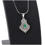 18ct white gold emerald and diamond set pendant on necklet, single pear shaped emerald 0.55 ct,