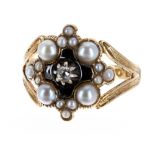 Victorian 18ct pearl, diamond and black enamelled ring, the central single diamond surrounded by