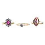 18ct ruby and diamond cluster ring, 12mm x 10mm, 3.6gm, ring size N; 18ct solitaire diamond ring,