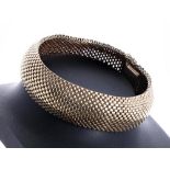 9ct yellow gold woven mesh link wide bracelet, width 18mm, 45.4gm, 7.5" long
