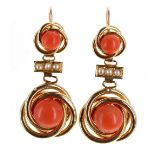 Pair of French 18ct coral and seed pearl drop earrings, hook backs, 8gm, drop 42mm