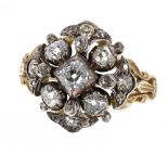 Impressive antique old-cut diamond cluster ring with engraved foliate shoulders, estimated 1.86ct