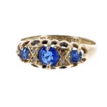 Antique 18ct yellow gold claw set sapphire and diamond ring, Birmingham 1912, 2.6gm, band width 7mm,