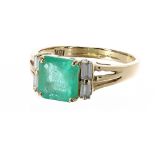 18ct emerald and diamond ring, the emerald 1.73ct approx, the shoulders set with four baguette-cut