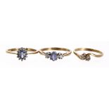 Three 9ct diamond and gem set rings, 5gm (3)