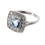 Platinum aquamarine and diamond square dress ring in the Art Deco style, the aquamarine 1.50ct