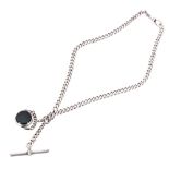 Silver curb Albert chain with silver mounted cornelian and bloodstone swivel fob, silver T-bar and