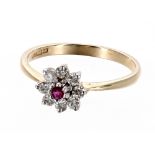 9ct ruby and diamond cluster ring, Birmingham 1997, 2gm, cluster 8mm, ring size P