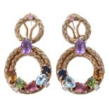 Pair of 18ct multi gem set set earrings to include amethyst, peridot, morganite, blue topaz, citrine