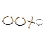 Pair of 9ct yellow and white gold hoop earrings, 4.2gm; 9ct cross pendant, 3.5gm; also an 18ct