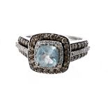 14ct white gold white and tinted diamond and aquamarine ring with set shoulders, 12mm, 7.9gm, ring