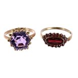 Victorian 9ct garnet ring, 1.6gm, ring size P; also a 9ct amethyst ring, 2.6gm, ring size M (2)