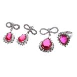 18ct white gold synthetic ruby and diamond ring, pendant and earrings set, with bow design crests,