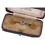 Pretty yellow gold sapphire and diamond cluster bar brooch, with safety chain, 2.6gm, 36mm - ** with