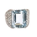 Modern 18ct white gold aquamarine and diamond ring, central aquamarine measuring 15.5mm x 12.5mm,
