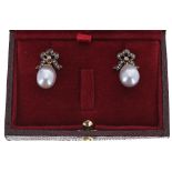 Pair of attractive large grey cultured pearl drop earrings in the antique style, set with diamond