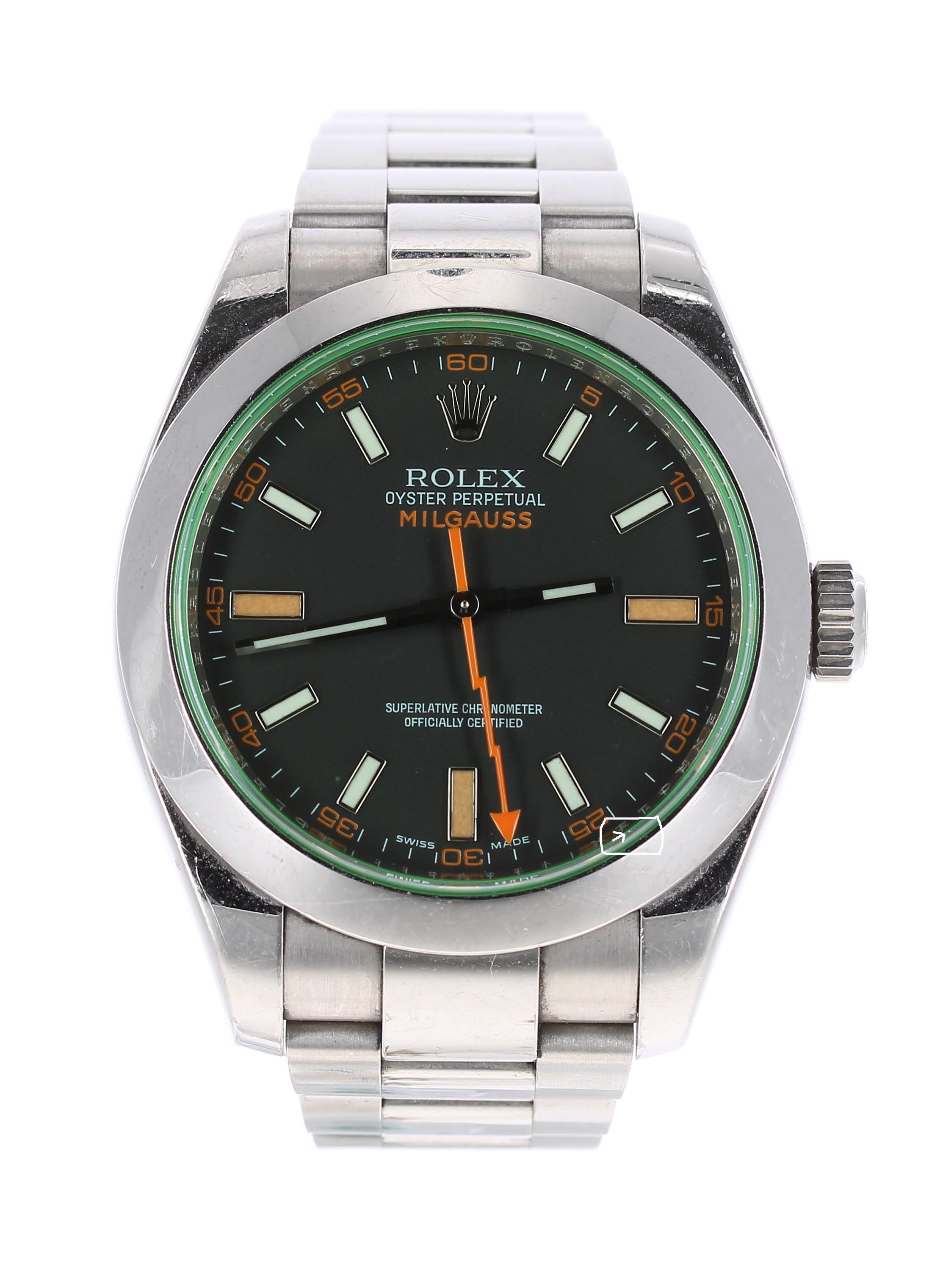 Rolex Oyster Perpetual Milgauss stainless steel gentleman's bracelet watch, ref. 116400, circa 2009, - Image 7 of 7