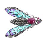 Silver brooch/pendant in the form of a fly, set with cabouchon ruby, ruby eyes marcasite and