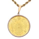 18ct rope link bracelet with an Austrian four Ducat coin mounted with diamonds, 28gm, the pendant