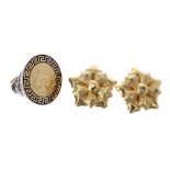 Pair of 21k yellow metal flower stud earrings and a yelow metal Versace enamel ring, 14.3gm (
