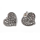 Pair of modern 18ct white gold diamond pavé heart earrings, post backs, 2.3gm, 9.5mm