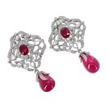 Attractive pair of white gold diamond and ruby earrings, 10.2gm, 50mm (at fault) (557197-3-A)
