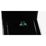 18ct white gold emerald and diamond three stone ring, the emerald 1.67ct approx, with trilliant-