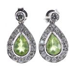Pair of 9ct white gold diamond and peridot pear shaped drop earrings, 0.95ct approx, post backs, 3.