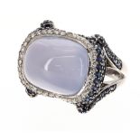 Impressive 18ct white gold diamond, sapphire and blue chalcedony ring, 27mm, 15.92gm, ring size L/