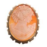 Vintage shell cameo oval brooch in a 9ct mount, depicting a portrait profile of a lady, 11.5gm, 51mm