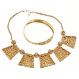Asian yellow metal five part decorative necklet and bangle, 74gm (137926-1-A)