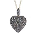 Old-cut diamond 18ct and silver heart shaped pendant on a slender necklace, 1.00ct, the pendant 21mm
